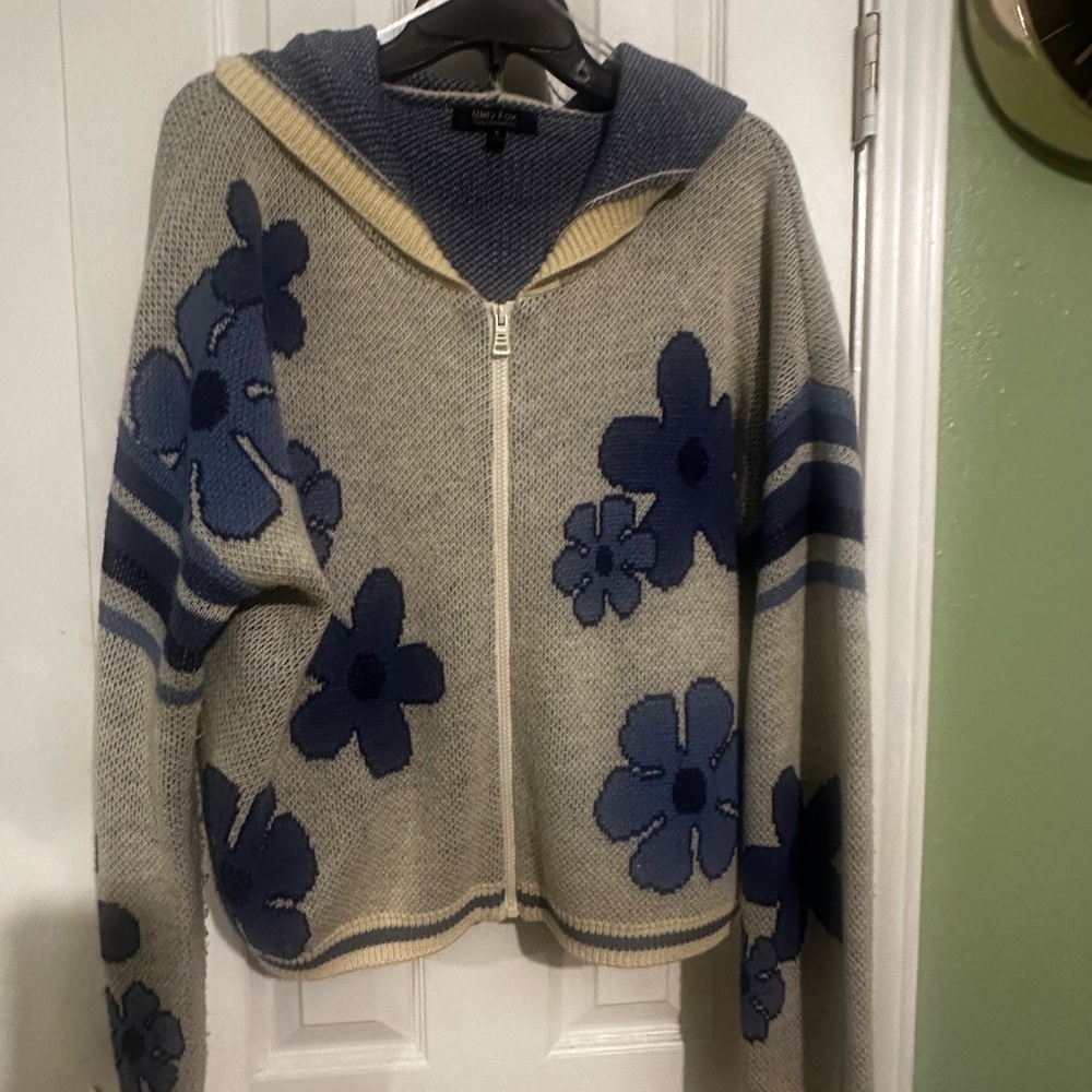 Floral Patterned Blue and Gray Women's Sweater